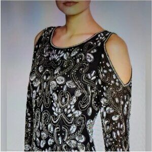Pisarro Nights Y2K Beaded Cold‑Shoulder Cocktail Dress – Black/Silver/Pearl | 10
